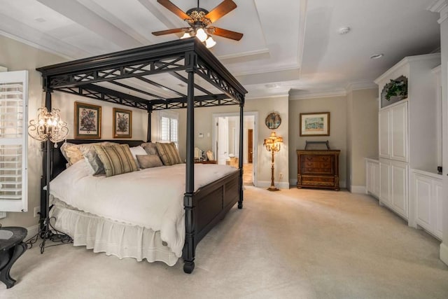 carpeted bedroom with ceiling fan and crown molding