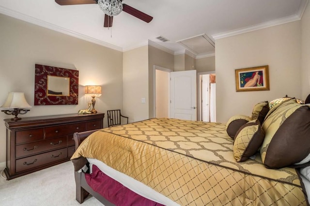 bedroom with light carpet, ceiling fan, and ornamental molding