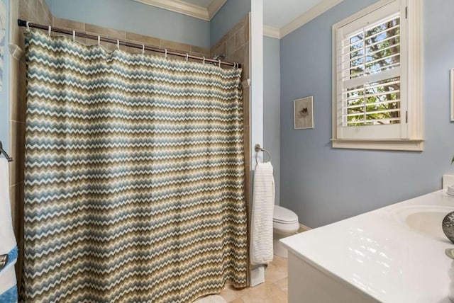 bathroom featuring tile patterned flooring, vanity, curtained shower, and crown molding