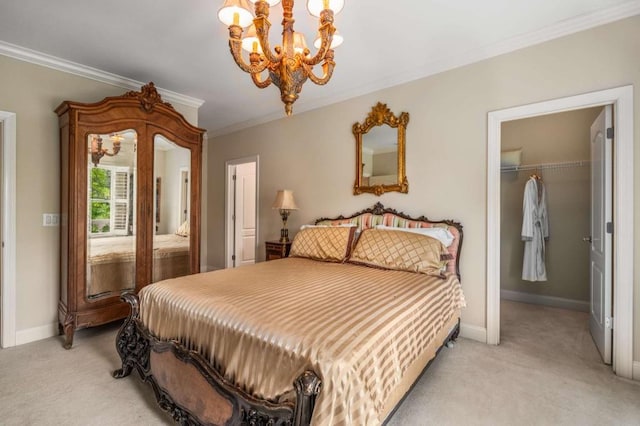 bedroom featuring a notable chandelier, light colored carpet, and ornamental molding