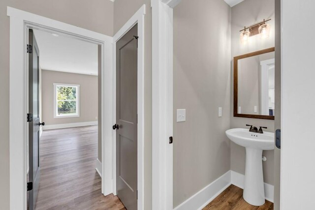 bathroom with wood-type flooring