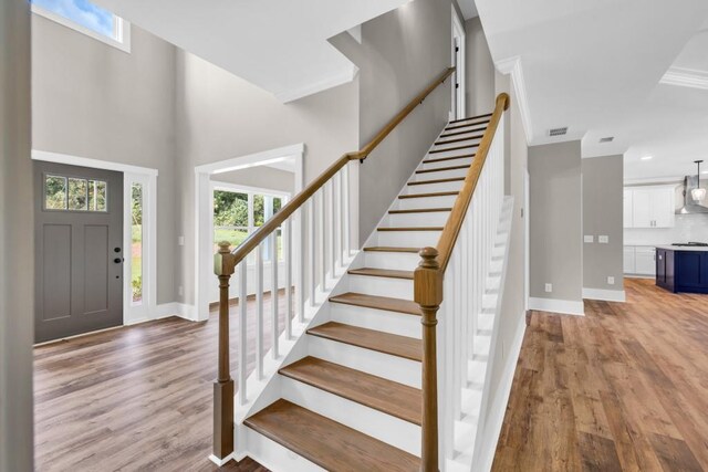 foyer entrance featuring light hardwood / wood-style floors and ornamental molding