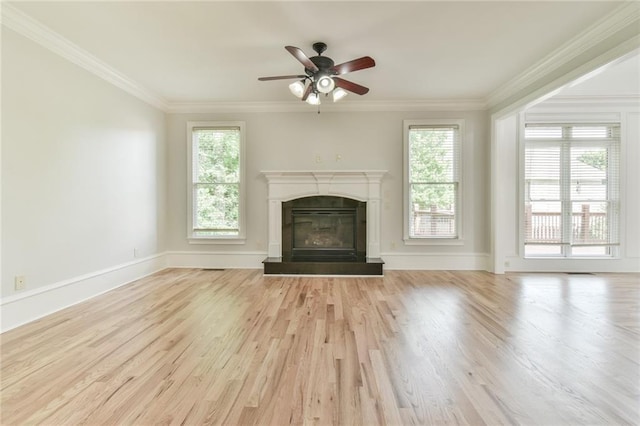 5121 Hope Ct SW, Lilburn, GA 30047 - unfurnished living room featuring a glass covered fireplace, wood finished floors, ornamental molding, ceiling fan, and baseboards