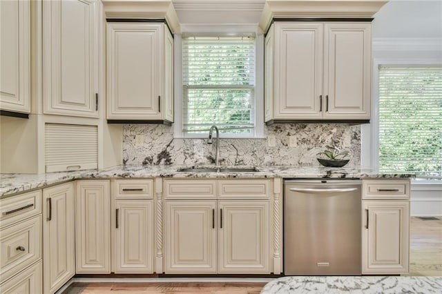 5121 Hope Ct SW, Lilburn, GA 30047 - kitchen featuring stainless steel dishwasher, a sink, ornamental molding, cream cabinets, and tasteful backsplash