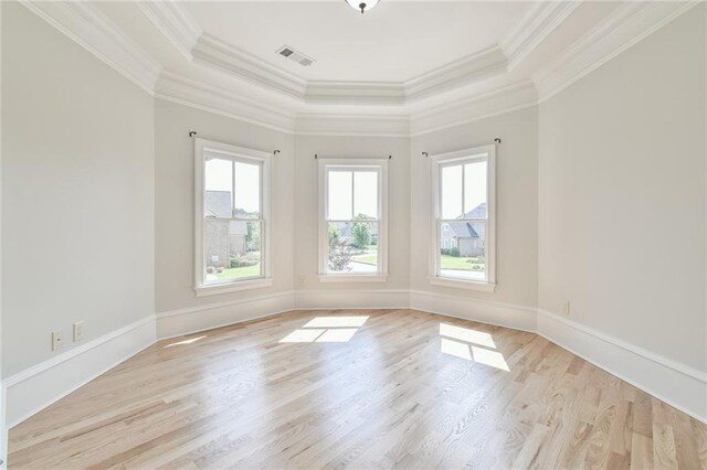 5121 Hope Ct SW, Lilburn, GA 30047 - unfurnished room with a raised ceiling, light wood-style floors, crown molding, and baseboards
