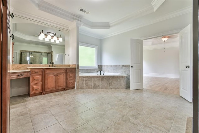 5121 Hope Ct SW, Lilburn, GA 30047 - full bath with vanity, a bath, crown molding, a shower with door, and tile patterned flooring