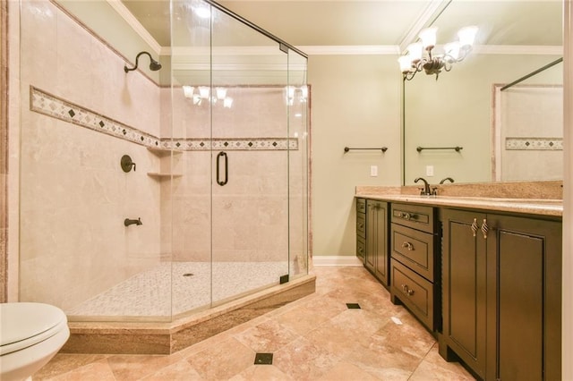 5121 Hope Ct SW, Lilburn, GA 30047 - bathroom with ornamental molding, vanity, toilet, a stall shower, and baseboards