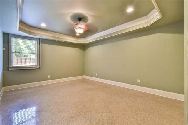 5121 Hope Ct SW, Lilburn, GA 30047 - unfurnished room featuring a raised ceiling, a ceiling fan, baseboards, crown molding, and recessed lighting