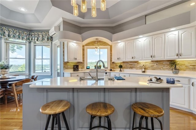 kitchen with backsplash, light wood-type flooring, and a wealth of natural light