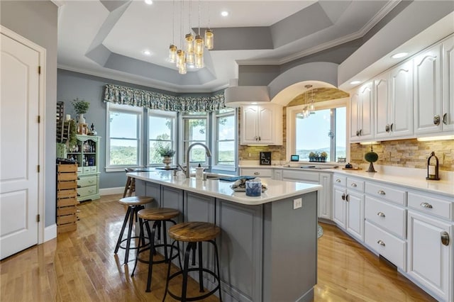 kitchen with a center island with sink, light hardwood / wood-style flooring, a raised ceiling, and backsplash