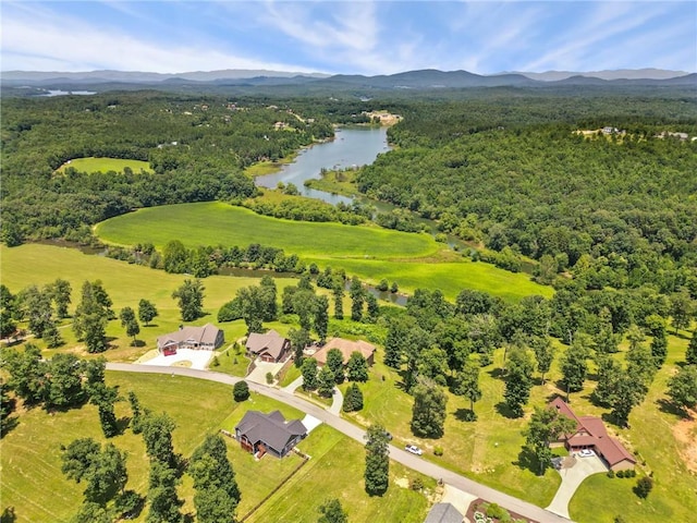 drone / aerial view featuring a water and mountain view