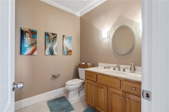 bathroom featuring vanity, toilet, tile patterned flooring, and crown molding