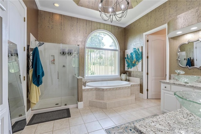 bathroom with vanity, tile patterned flooring, independent shower and bath, and ornamental molding