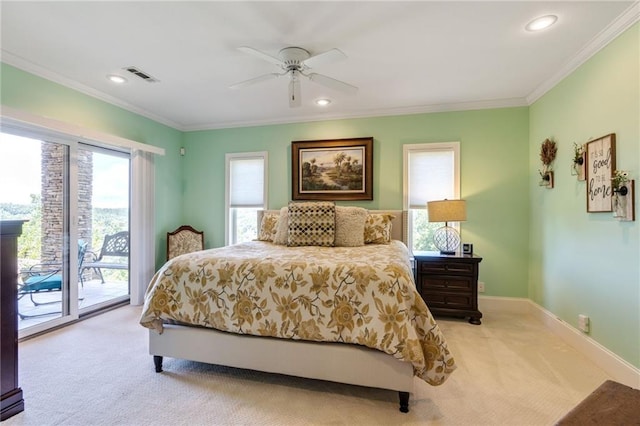 carpeted bedroom with crown molding, access to exterior, and ceiling fan