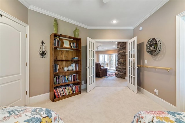 bedroom with light colored carpet, french doors, and crown molding