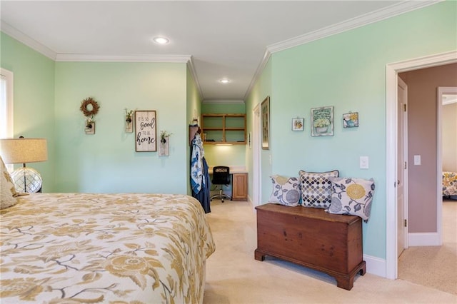 bedroom with crown molding and light colored carpet