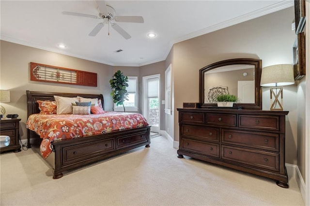 carpeted bedroom with access to outside, ceiling fan, and crown molding