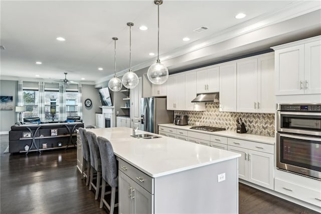 kitchen featuring under cabinet range hood, stainless steel appliances, a sink, visible vents, and open floor plan