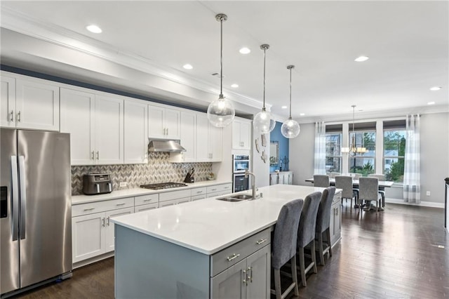 kitchen with under cabinet range hood, stainless steel appliances, a sink, light countertops, and dark wood finished floors