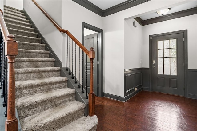 775 Duberry St, Alpharetta, GA 30004 - foyer featuring crown molding, stairway, dark wood-style floors, and a wainscoted wall