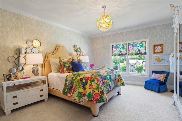 bedroom featuring light carpet and ornamental molding