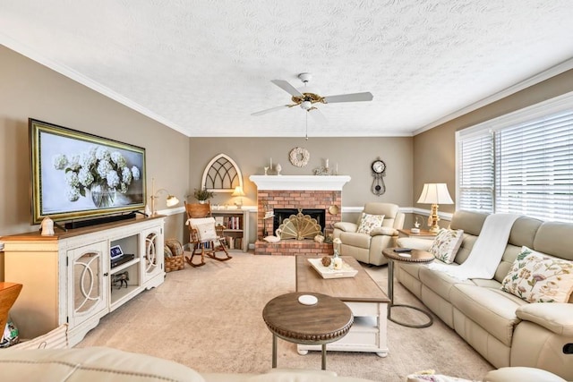 3574 Timberloch Trl, Snellville, GA 30039 - carpeted living room with ceiling fan, a textured ceiling, ornamental molding, and a brick fireplace