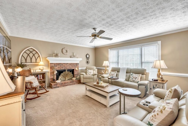3574 Timberloch Trl, Snellville, GA 30039 - carpeted living room featuring a ceiling fan, a textured ceiling, crown molding, and a fireplace