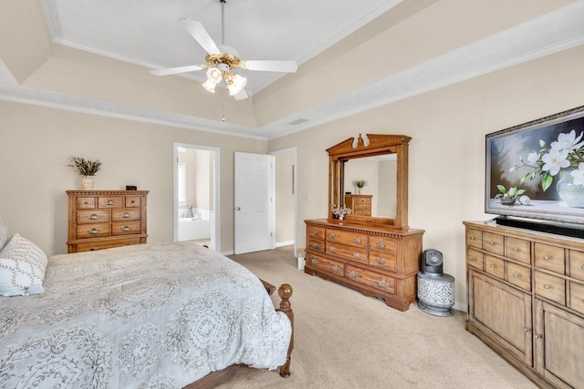 3574 Timberloch Trl, Snellville, GA 30039 - bedroom featuring light carpet, a tray ceiling, crown molding, ensuite bathroom, and baseboards
