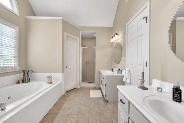 3574 Timberloch Trl, Snellville, GA 30039 - bathroom with a shower stall, a tub with jets, two vanities, and tile patterned flooring