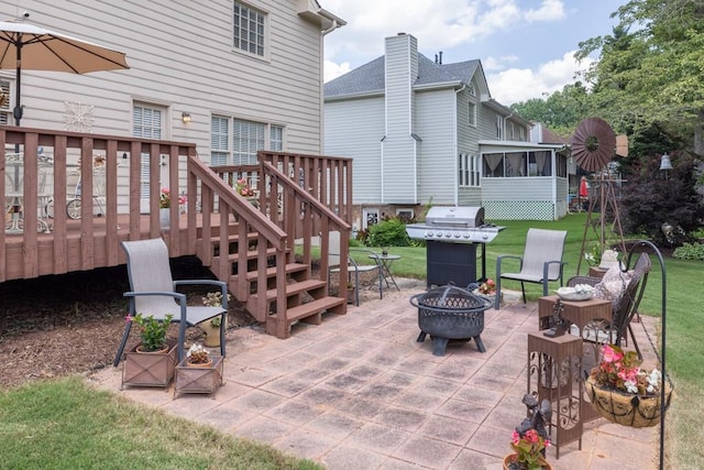 3574 Timberloch Trl, Snellville, GA 30039 - view of patio / terrace featuring an outdoor fire pit, a deck, a sunroom, a grill, and stairs