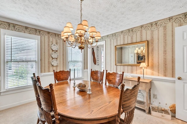 3574 Timberloch Trl, Snellville, GA 30039 - carpeted dining space featuring a chandelier, baseboards, ornamental molding, wallpapered walls, and a textured ceiling