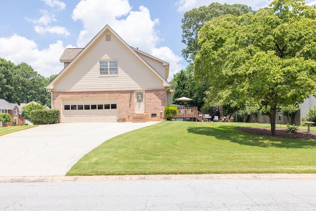 3574 Timberloch Trl, Snellville, GA 30039 - traditional-style home with brick siding, a garage, concrete driveway, a front yard, and a wooden deck