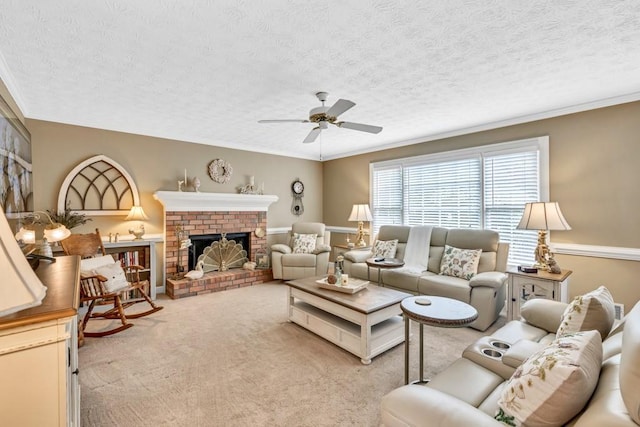 3574 Timberloch Trl, Snellville, GA 30039 - living area featuring ceiling fan, light colored carpet, a textured ceiling, a fireplace, and ornamental molding