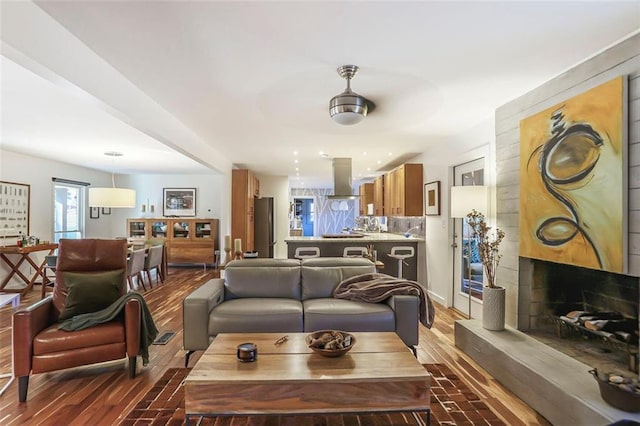 living area with a fireplace and dark wood-style floors