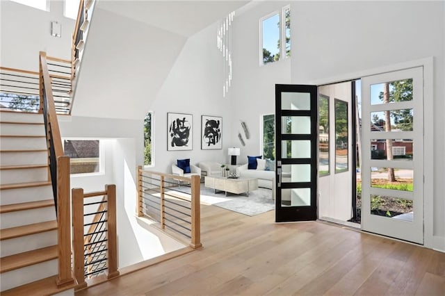 entryway with a towering ceiling, light hardwood / wood-style flooring, and a healthy amount of sunlight