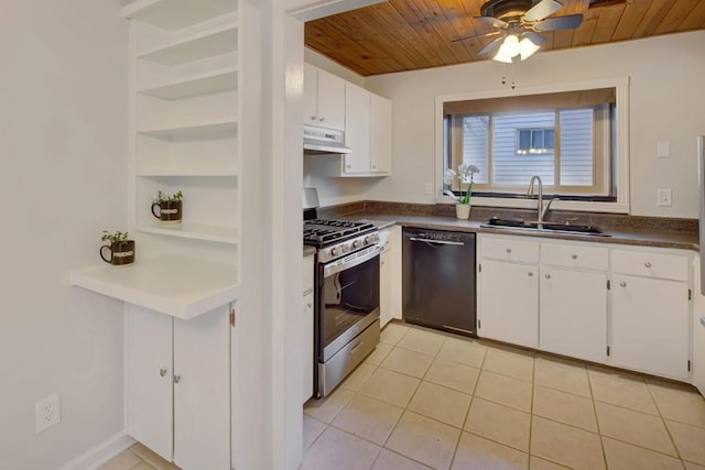 kitchen with stainless steel gas stove, dishwasher, dark countertops, under cabinet range hood, and a sink