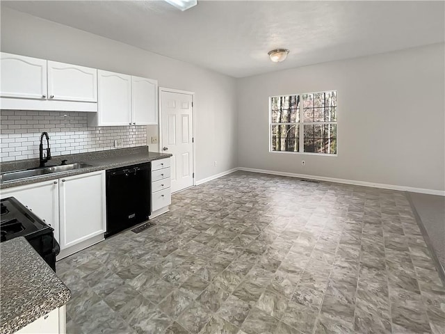 kitchen with dark countertops, tasteful backsplash, black appliances, white cabinetry, and a sink