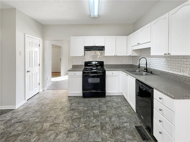 kitchen featuring tasteful backsplash, black appliances, ventilation hood, white cabinetry, and a sink