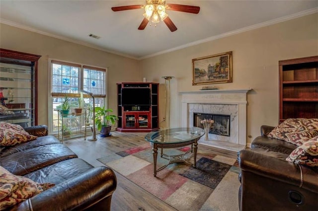 500 Nicole Ct SE, Conyers, GA 30094 - living room with a premium fireplace, wood-type flooring, and ornamental molding