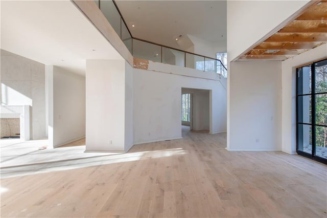 empty room featuring a high ceiling, light hardwood / wood-style floors, and a wealth of natural light