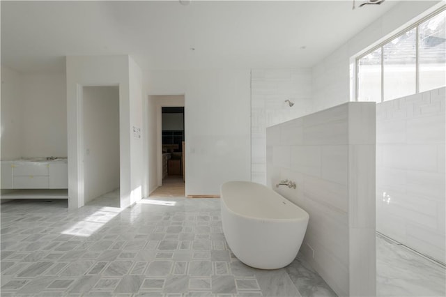 bathroom with vanity and shower with separate bathtub