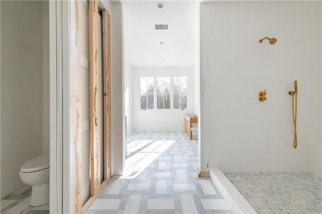 bathroom with a shower and toilet