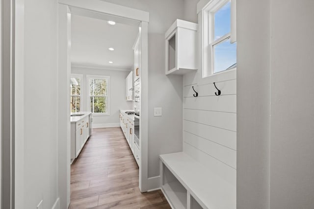 mudroom featuring crown molding and light wood-type flooring