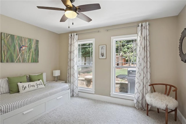 bedroom featuring carpet floors and ceiling fan