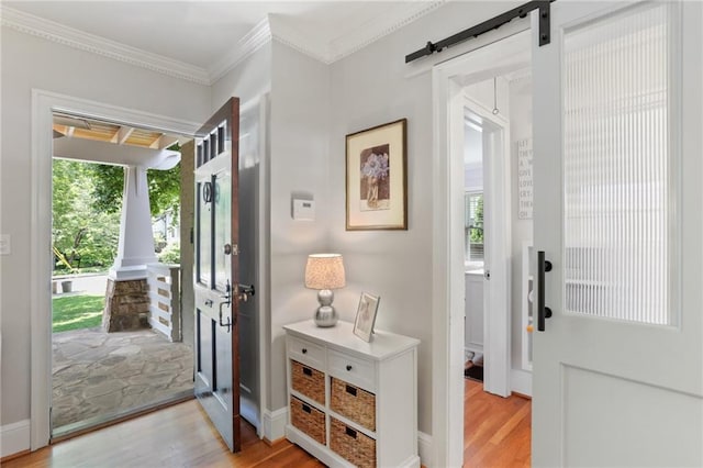 foyer entrance featuring crown molding, light hardwood / wood-style flooring, a barn door, and a wealth of natural light