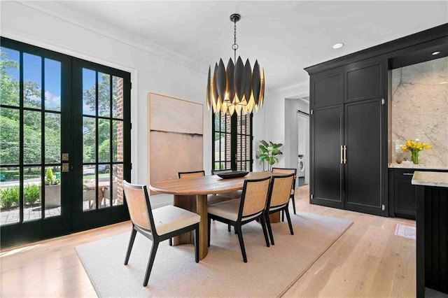 3146 Frontenac Ct NE, Atlanta, GA 30319 - dining space with light wood-type flooring, a chandelier, french doors, and recessed lighting