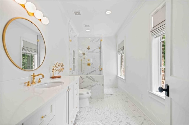 3146 Frontenac Ct NE, Atlanta, GA 30319 - bathroom featuring a marble finish shower, vanity, toilet, ornamental molding, and recessed lighting