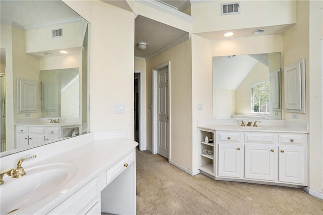 bathroom with vanity and lofted ceiling