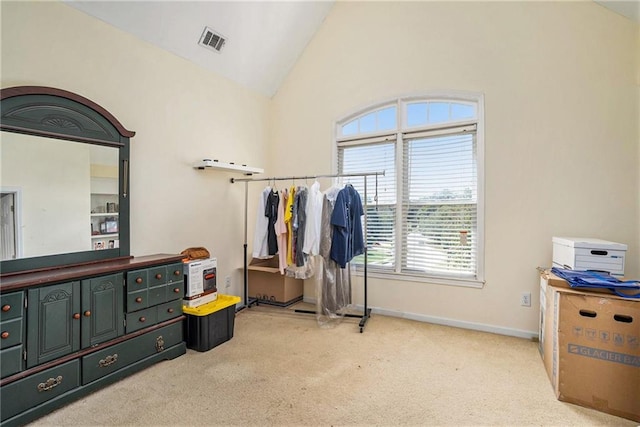 interior space featuring light colored carpet and vaulted ceiling