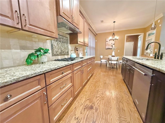 kitchen featuring appliances with stainless steel finishes, tasteful backsplash, light wood-type flooring, a sink, and under cabinet range hood